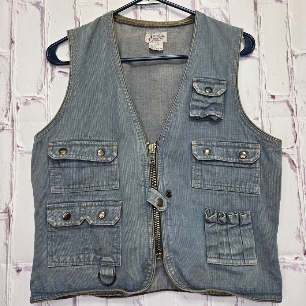 VTG Y2K American Graffiti Utility Vest Blue Faded Tactical Multi Pocket Men L